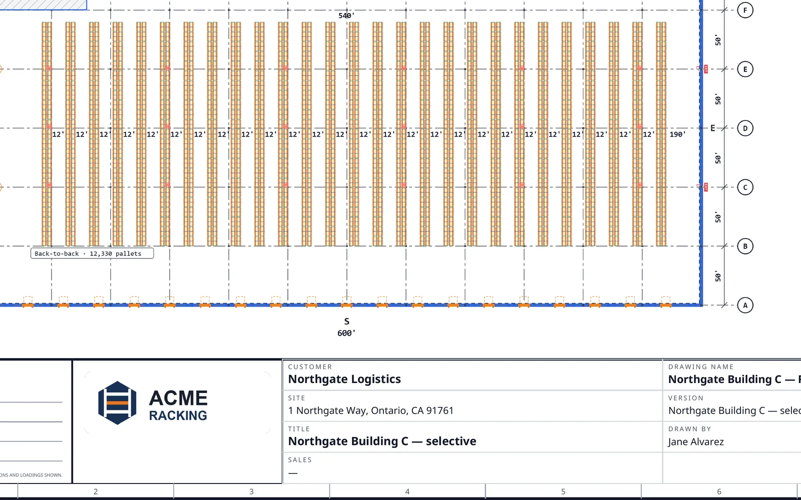 A RackCity AI Layout PDF plan sheet for a rack dealer, Acme Racking: the racked plan over the title block with the dealer's own logo, the customer, the site and the drawing title