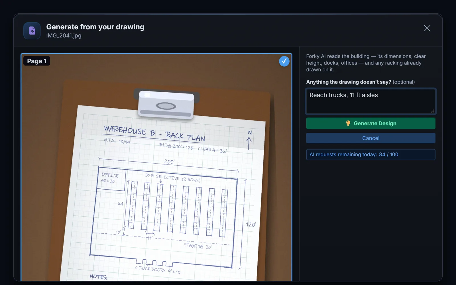 The Generate from your drawing dialog in RackCity AI, reading a photo of a hand-drawn rack plan on a clipboard