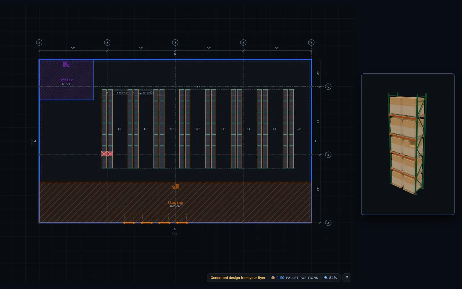 The RackCity AI plan of a 200 by 120 ft building with eight back-to-back rack rows, a staging area and four dock doors, beside the 3D view of one bay